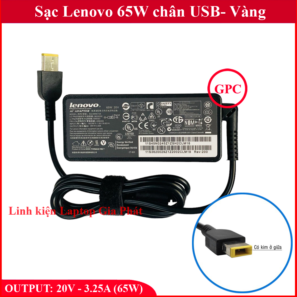 Sạc laptop lenovo 20v 3.25a chân usb - đầu vàng