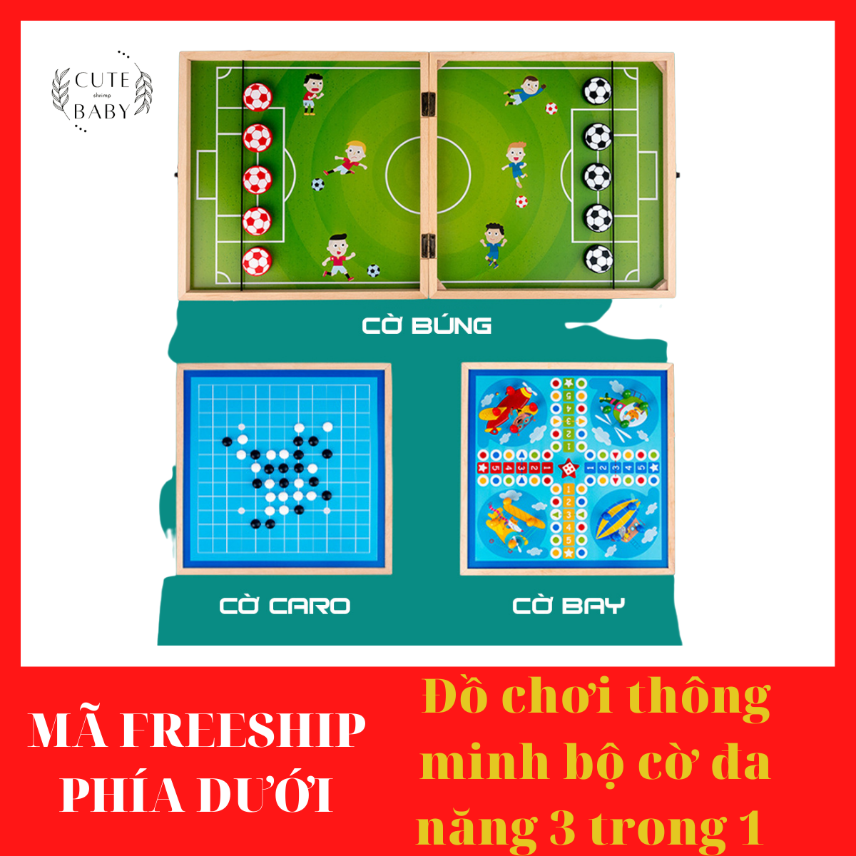 Đồ chơi thông minh bộ cờ đa năng 3 trong 1 cờ búng, cờ caro, cờ cá ngựa bằng gỗ cao cấp cho bé-cute shrimp baby - đồ chơi gỗ - đồ chơi cho bé