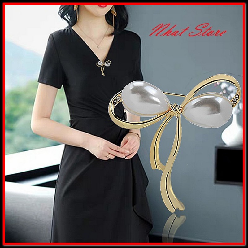 Ghim Cài Áo Hình Nơ Đính Ngọc Trai Nhân Tạo Đơn Giản Đẹp - Cài Áo Ca17