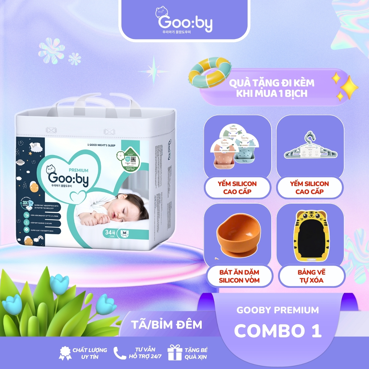 Tã/bỉm quần, dán Gooby Premium - Chuyên gia bỉm đêm, chống trào đến 12h size M/L/XL/XXL cho bé từ 6kg - 24kg
