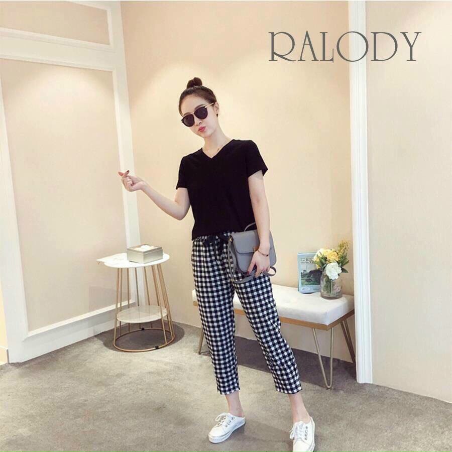 Sét bộ nữ áo thun tay ngắn cột nơ sau kèm quần dài caro