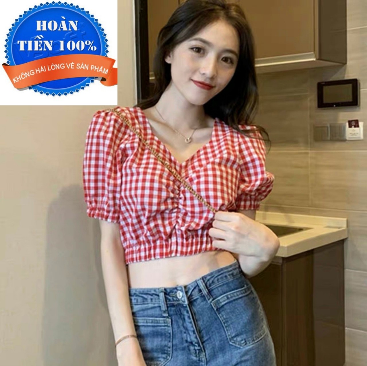 Áo crotop caro rút ngực, áo caro kiểu, thuận nguyễn