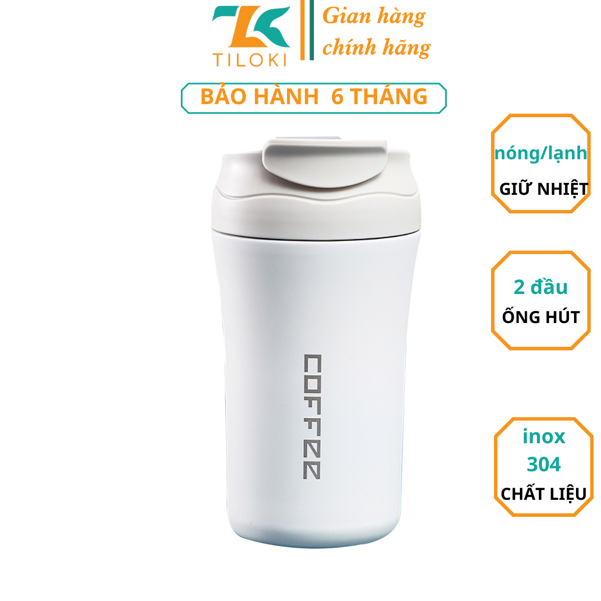 Ly cốc giữ nhiệt coffee lõi inox 304 có ống hút TiLoKi TGN08 dung tích 400ml - cốc coffe, trà lõi thép không gỉ 2 đầu ống hút
