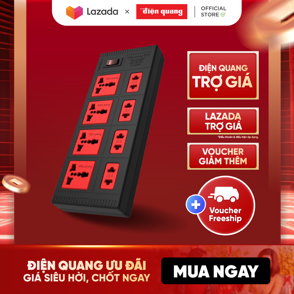 Ổ cắm Điện Quang ECO ĐQ ESK 2BR 8ECO (8 Lỗ, dây dài 2m, màu đen đỏ)