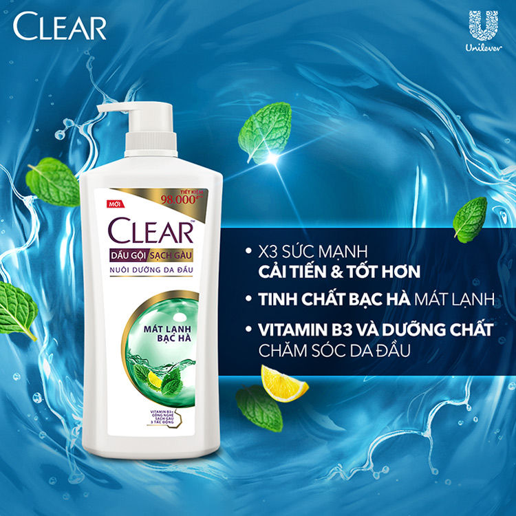 Dầu gội đầu sạch gàu clear mát lạnh bạc hà đánh bay gàu ngứa vi khuẩn 880g