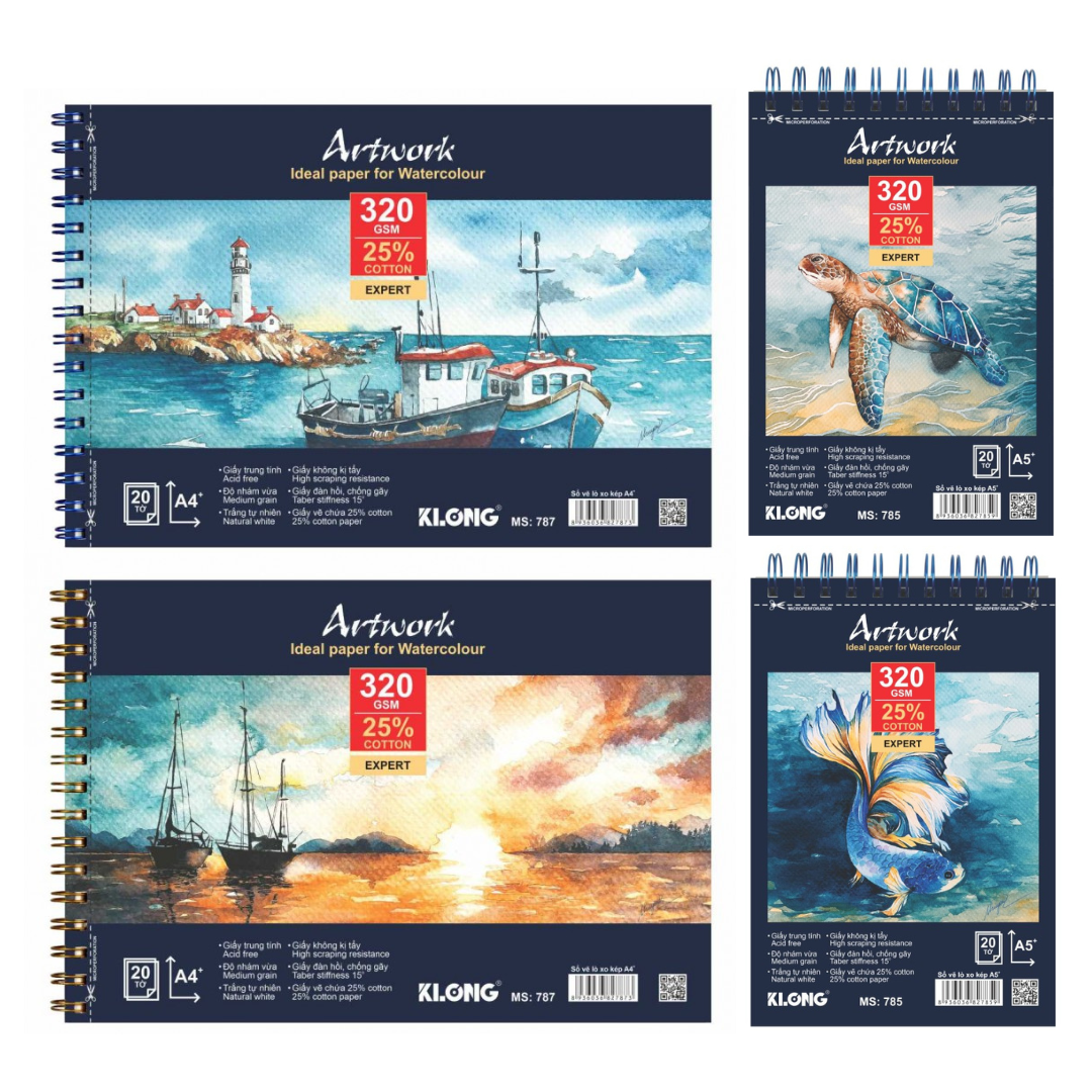  Sổ Vẽ Màu Nước Cao Cấp KLONG Artwork | Giấy Vân Lạnh 320gsm | Khổ A5 & A4+ | 20 Tờ MS 785 787 