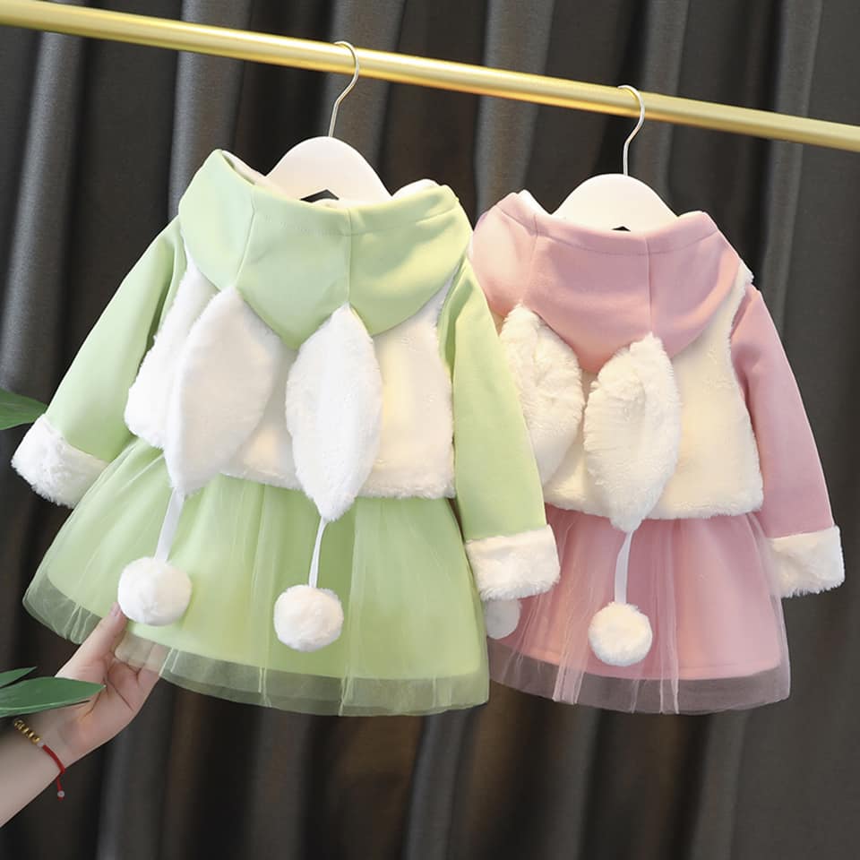 Váy thỏ kèm áo khoác ghile lông bé gái 8-18kg - Màu - Váy bông bé gái, body váy bé gái, váy bé gái, váy kèm áo khoác cho bé, váy nỉ lông- Shubishop.vn