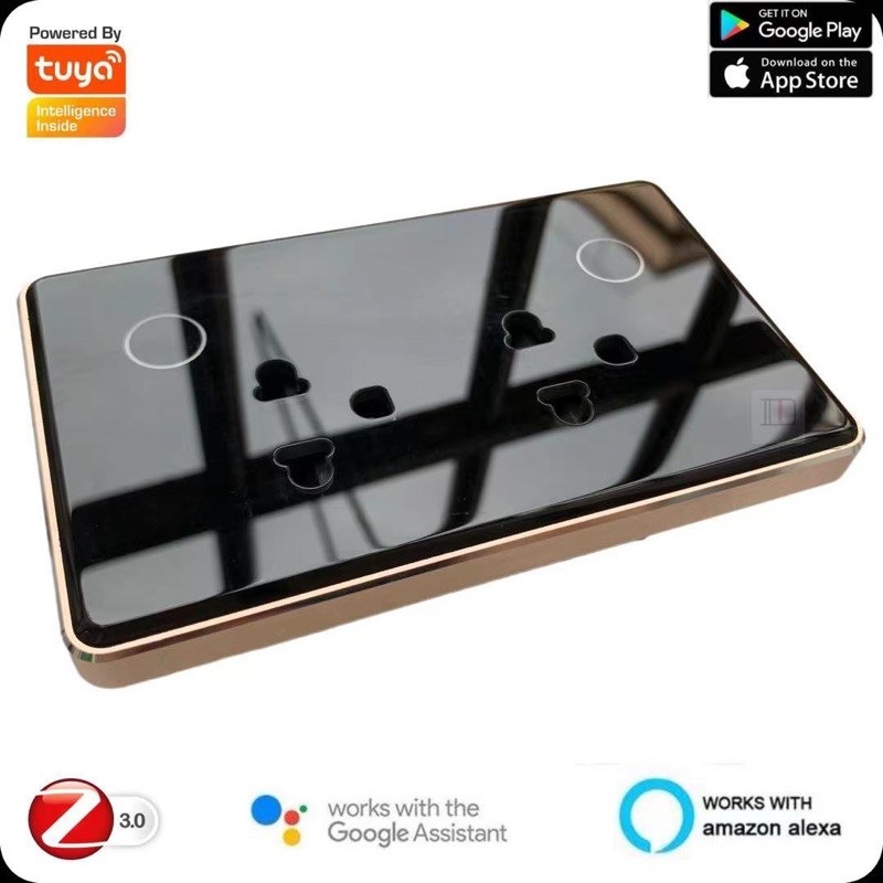 Ổ Cắm Zigbee Tuya Viền Vàng Âm Tường Chữ Nhật Hẹn Giờ Bật Tắt Điều Khiển Từ Xa Dùng Cho Hệ Thống Nhà Thông Minh