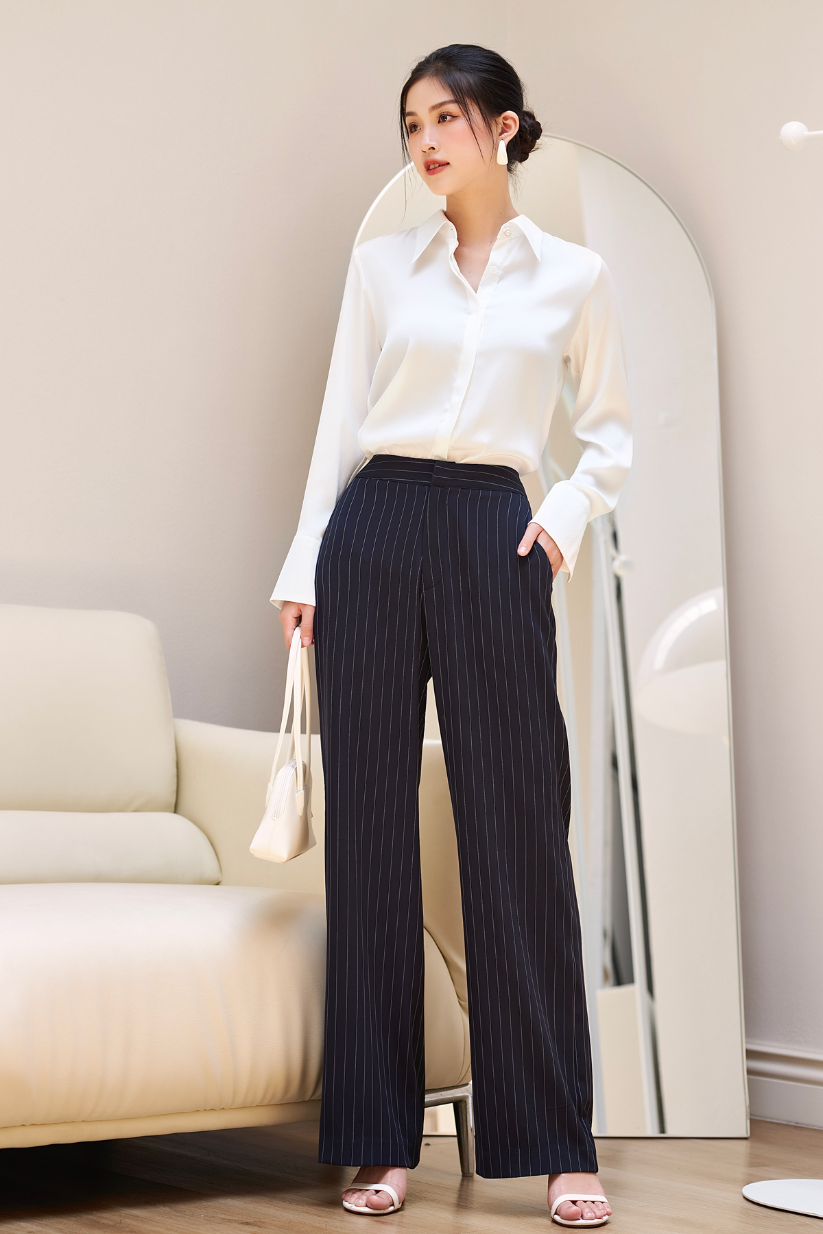 Quần tây ống rộng sọc gillee lưng cao vải cao cấp fqr032