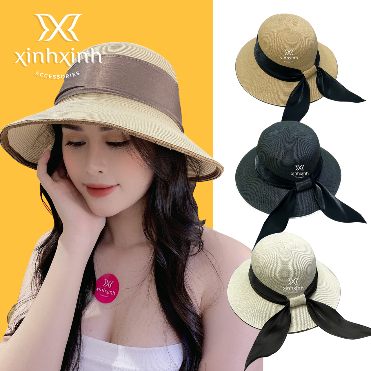 Mũ cói nơ lụa mềm, nhẹ, thoáng mát dành cho bạn gái