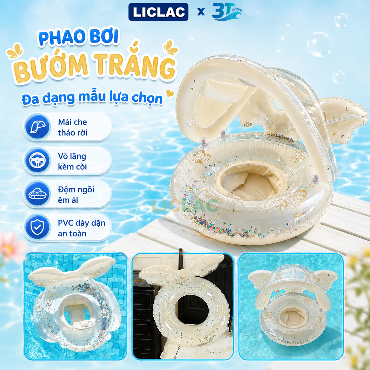 Phao bơi ghế ngồi có mái che họa tiết bướm trắng lấp lánh - Phao bơi cho bé đi biển hồ bơi PBT