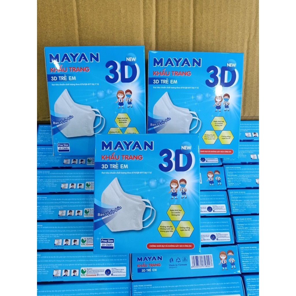 Khẩu trang y tế trẻ em 3D Mayan 4 tuổi - 12 tuổi Hộp 10 cái (5 lớp) bé trai và gái đêu mang được Màu Xanh