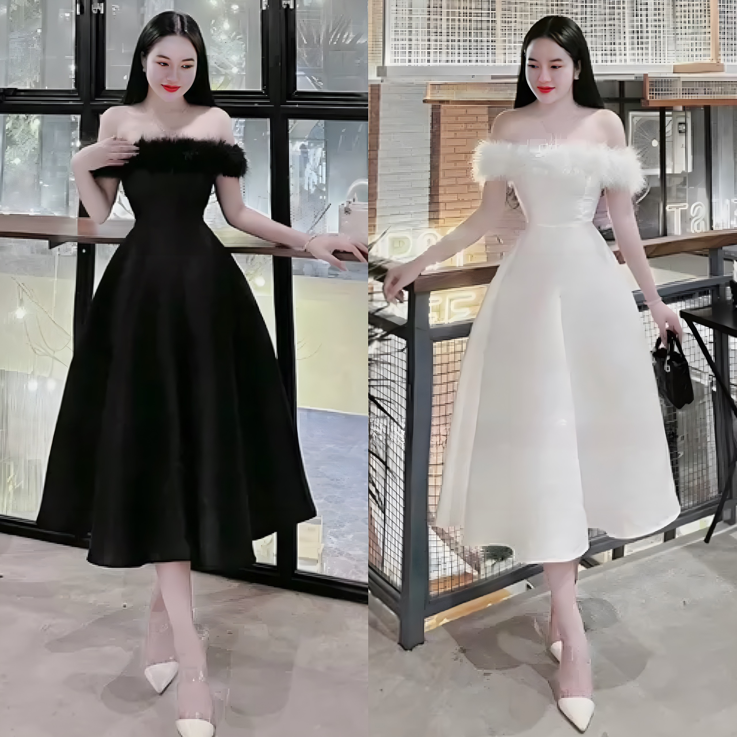 Đầm váy nữ trễ vai trắng đen xòe tafta siêu xinh dự tiệc dạo phố by7097