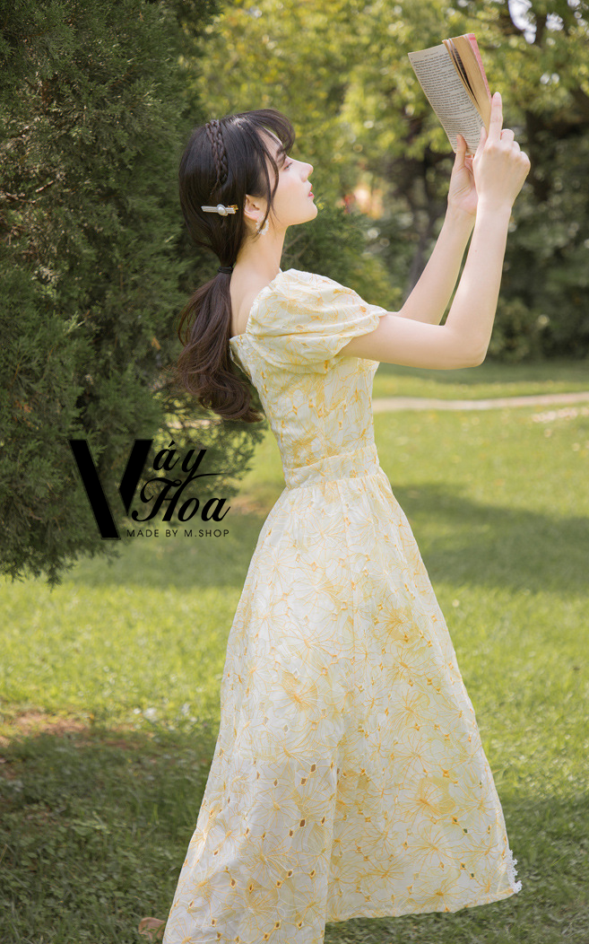 Đầm maxi váy hoa xẻ tà trước cổ vuông voan cao cấp