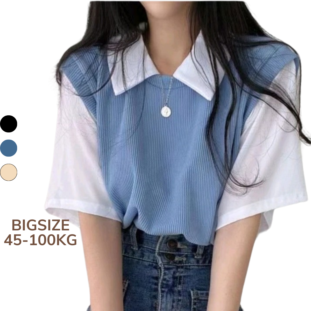 Bigsize 45-100KG Áo Polo Tay Ngắn Giả 2 Lớp Tay Ngắn Dáng Rộng Cho Nữ