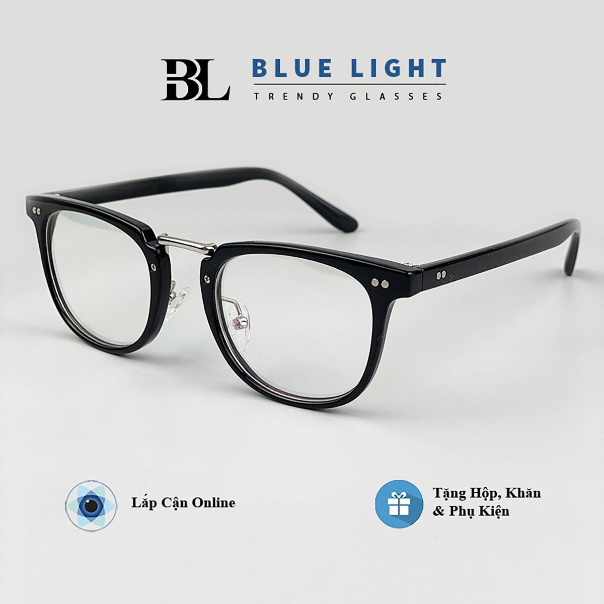  Gọng Kính Cận Kính Giả Cận Nam Nữ Mắt Vuông Nhỏ Tách Mắt Đen Bóng Hàn Quốc - BLUE LIGHT 