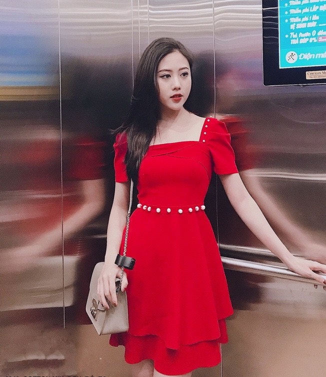 Đầm xòe nữ phối ngọc trai eo dự tiệc phối hợp công sở sang chảnh