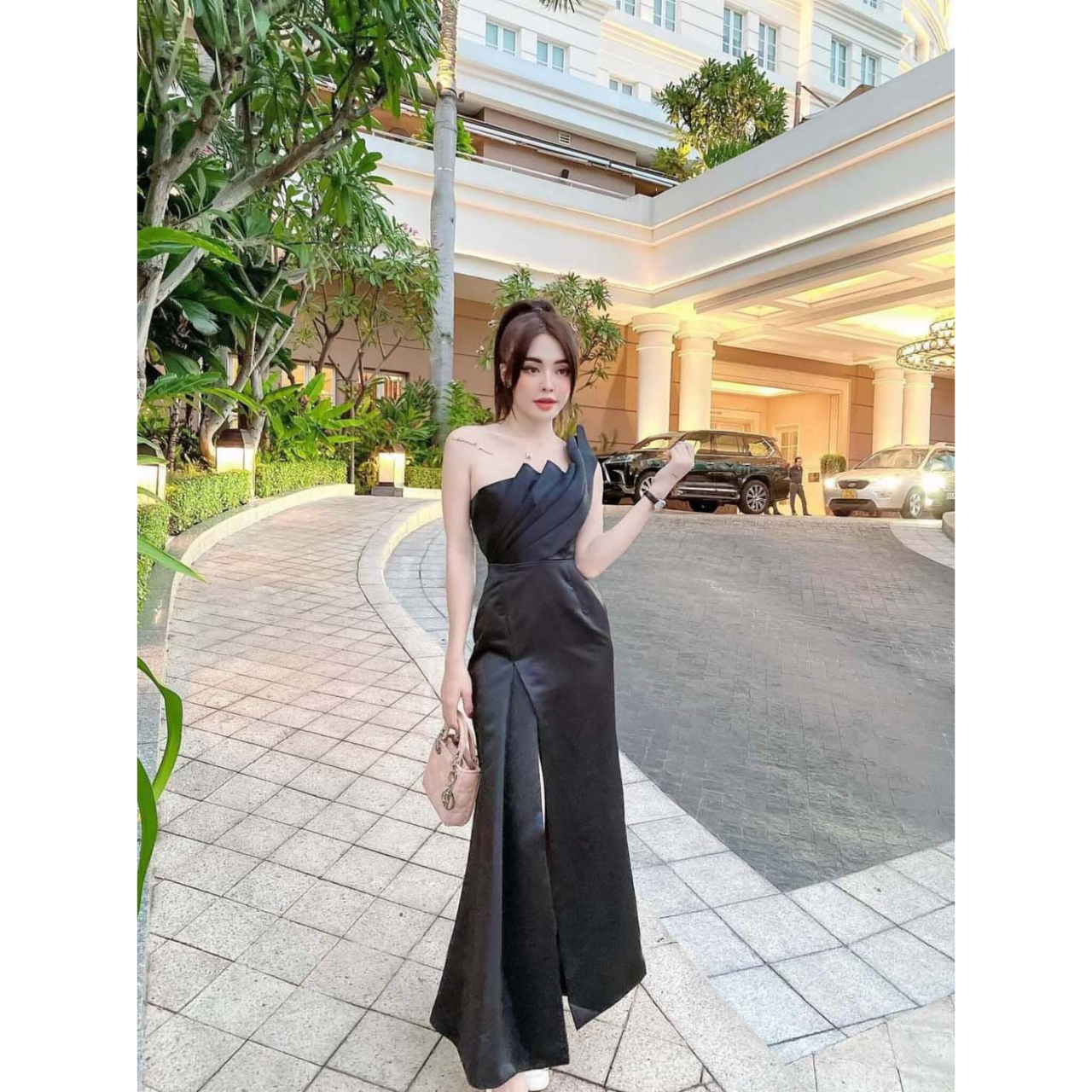 Đầm dự tiệc đầm xòe trễ vai phi lụa phối nơ fina dress d0661