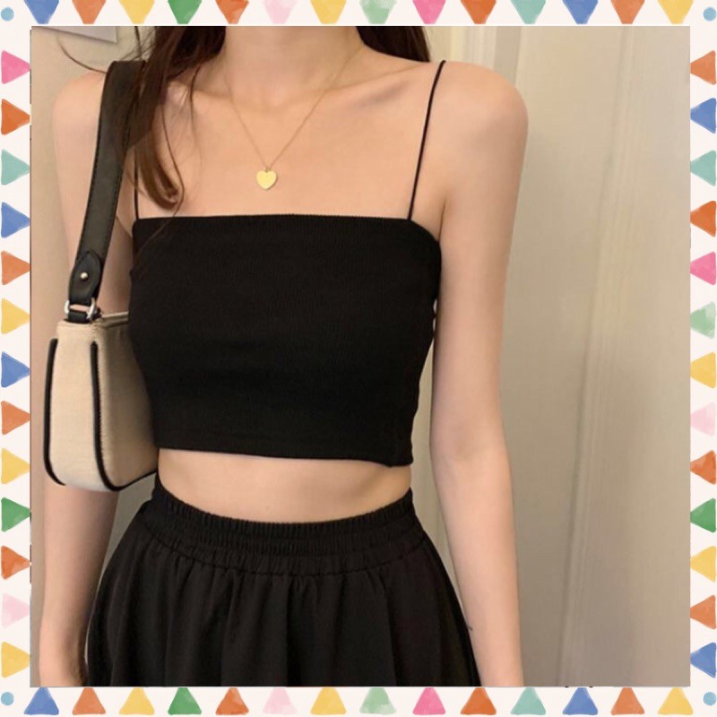 Áo 2 dây croptop đen trơn Freesize