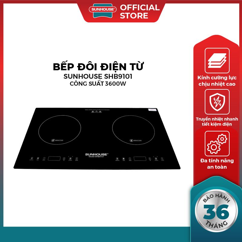 Bếp điện từ đôi sunhouse shb9101 - bếp âm từ mặt kính cao cấp chịu lực nhiệt 2 vùng nấu - hàng chính hãng bảo hành 36 tháng