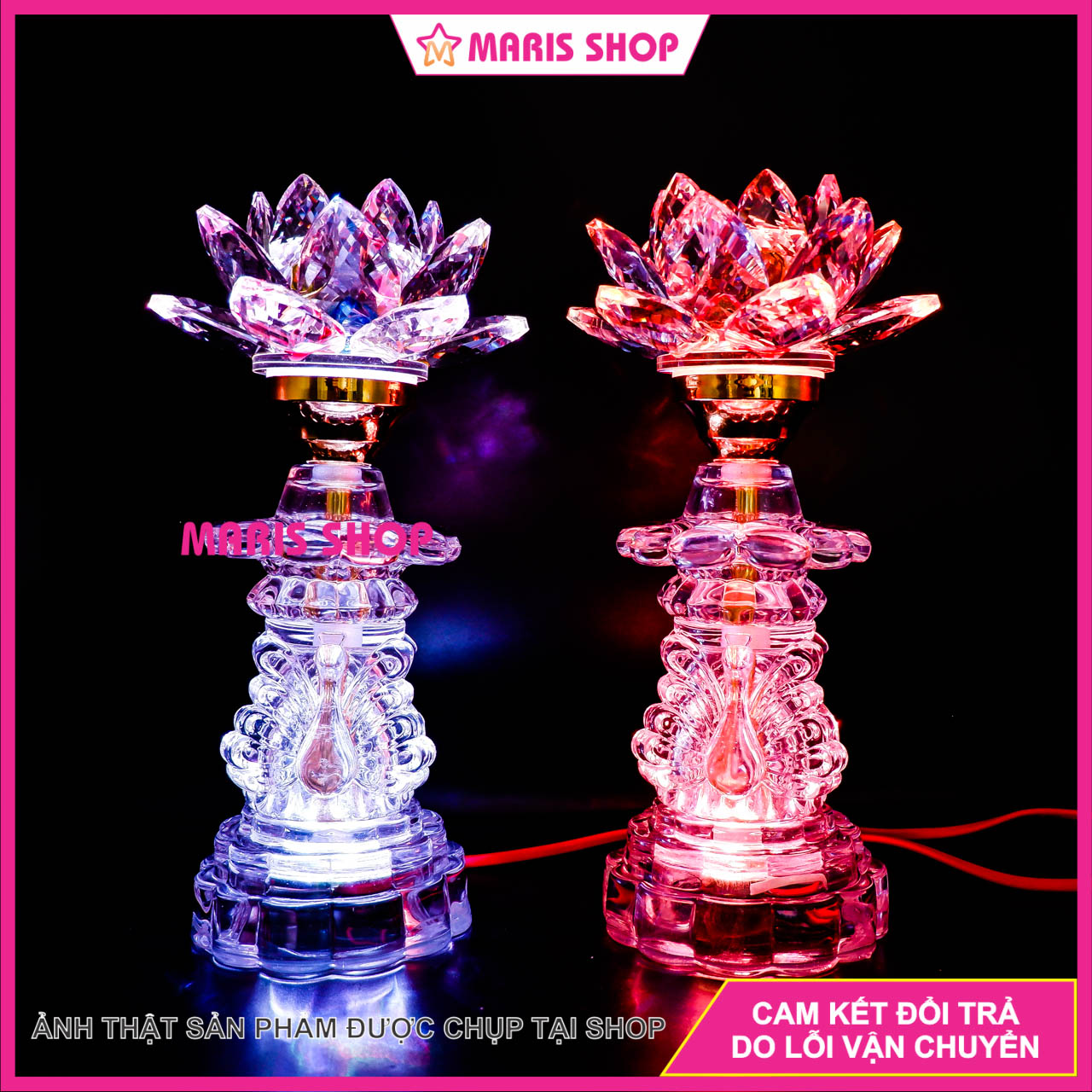 Bộ 2 đèn hoa sen pha lê nguyên khối để bàn thờ phật, đèn hoa sen đèn thờ cúng cao 26cm