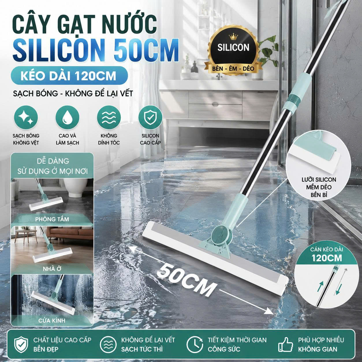 Cây Gạt Nước Silicon 120cm Đa Năng Gạt Kính Gạt Sàn Nhà Tắm Cán Inox Chống Gỉ