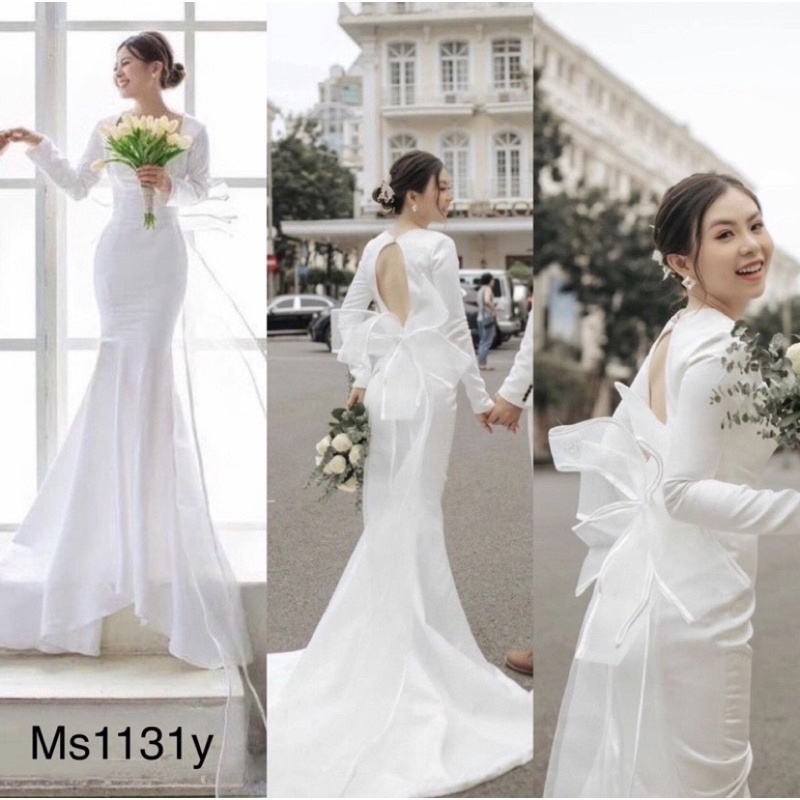 Đầm dự tiệc body đuôi cá cô dâu nơ voan hở lưng tay dài cao cấp Sahana - Wedding dress