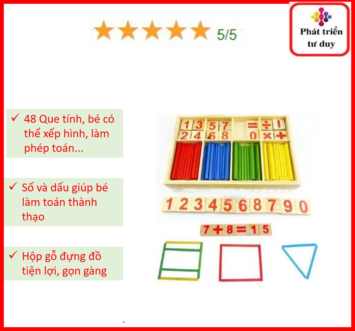 Bộ que tính học toán bằng gỗ, Bộ Ghép Số Và Que Tính Kèm Dấu Bằng Gỗ Giúp Bé Học Toán,Hộp que tính kèm số , Dụng cụ toán học