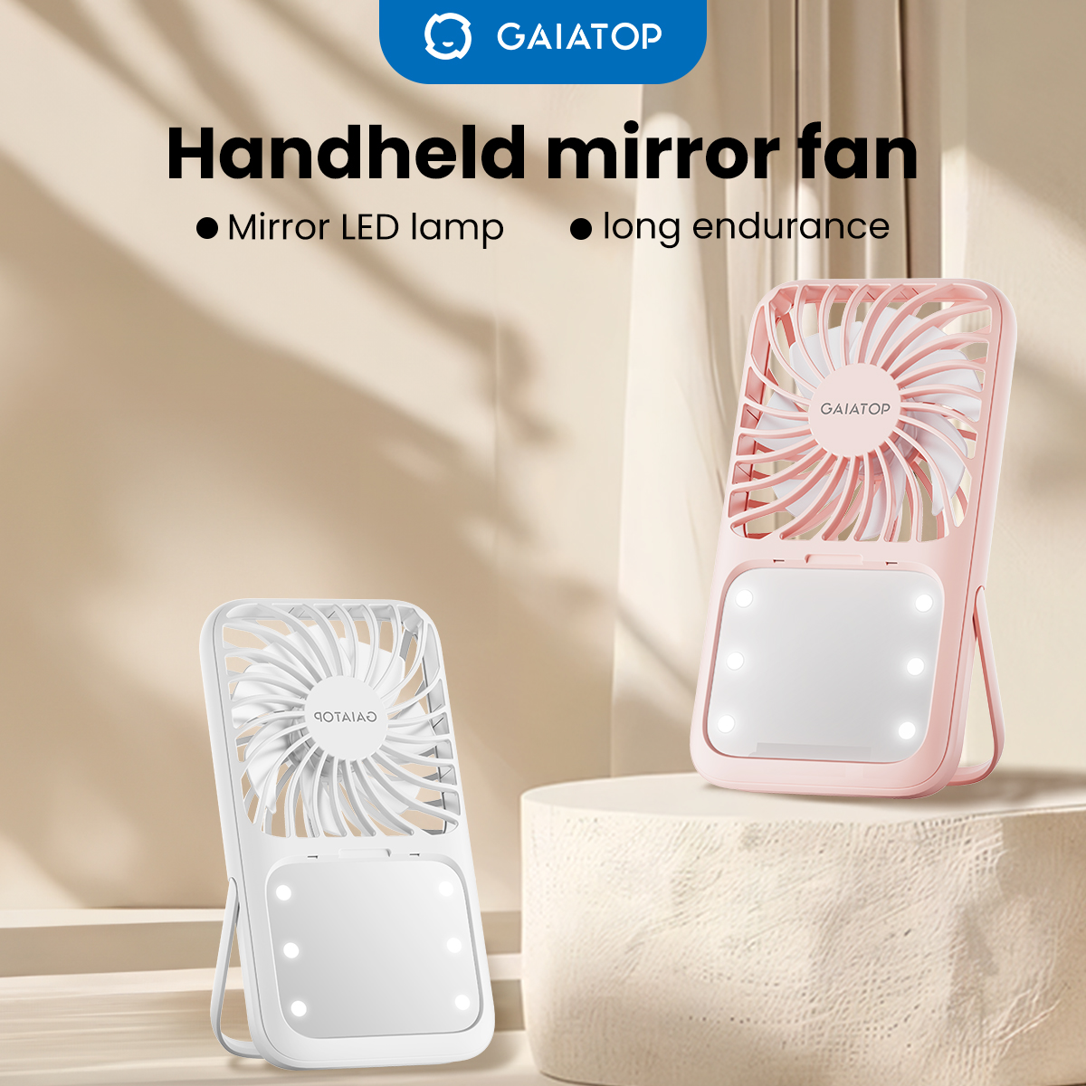 GAIATOP Quạt cầm tay mini, quạt mi mắt di động 3 tốc độ có gương trang điểm và đèn LED, quạt bàn cá nhân sạc USB 2000mAh có chân đế, quạt cầm tay nhỏ.