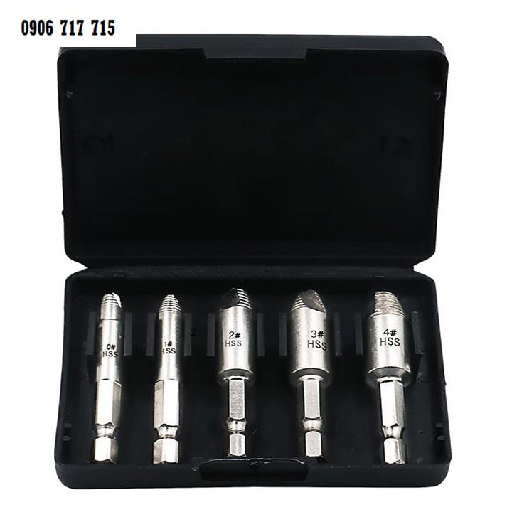 Bộ dụng cụ tháo vít gãy 5 món, Mũi khoan phá ốc vít hỏng, vặn lấy vít bị toét đầu _ chuôi lục giác HSS cao cấp