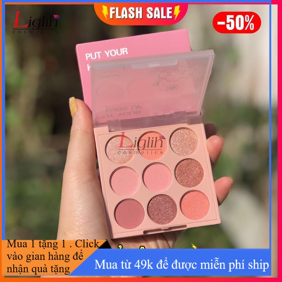 Phấn mắt MICHUN 9 ô tone cam hồng nhũ lấp lánh , Bang mắt PUTYOUR HAND 9 ô