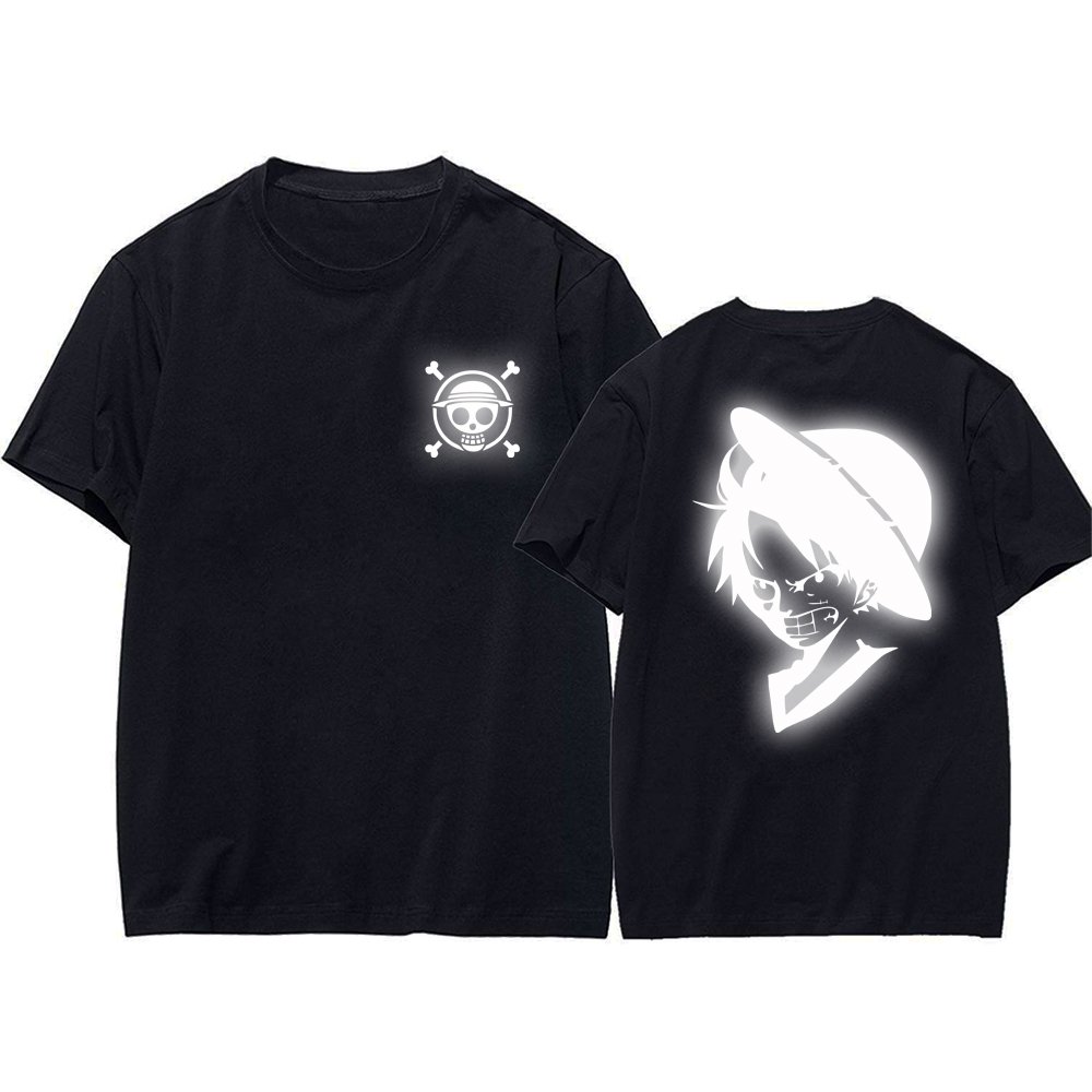 Áo thun Nam Nữ màu đen in hình One Piece Luffy phản quang đẹp - Cotton Thái F2402