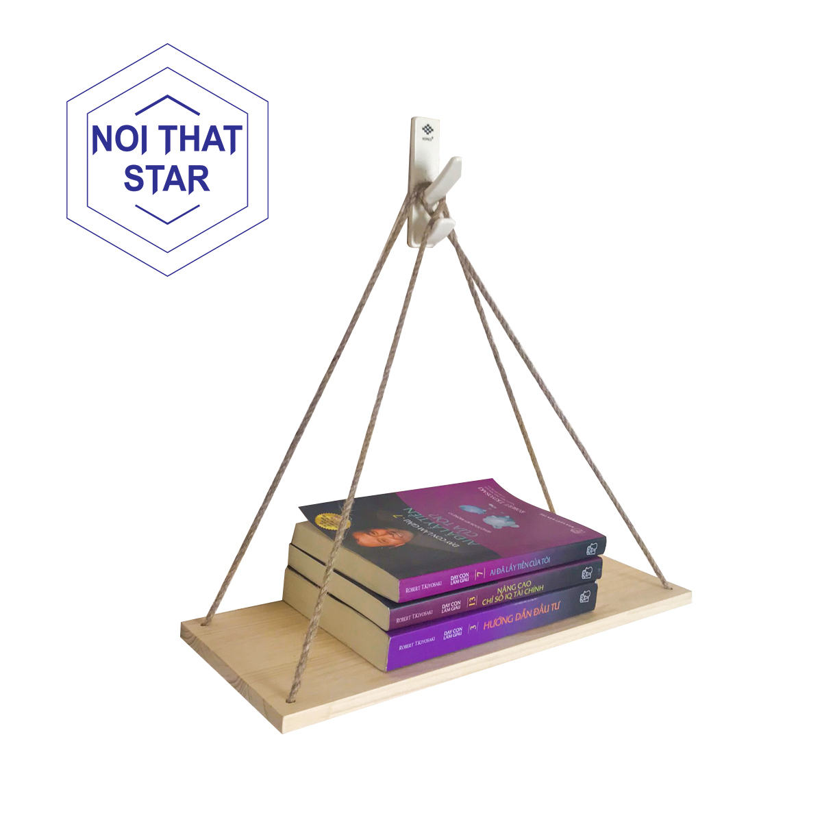 [100% gỗ] Kệ treo tường dây thừng 1 tầng gỗ thông 40cmx15cm màu tự nhiên dùng làm kệ treo để sách, trang trí decor