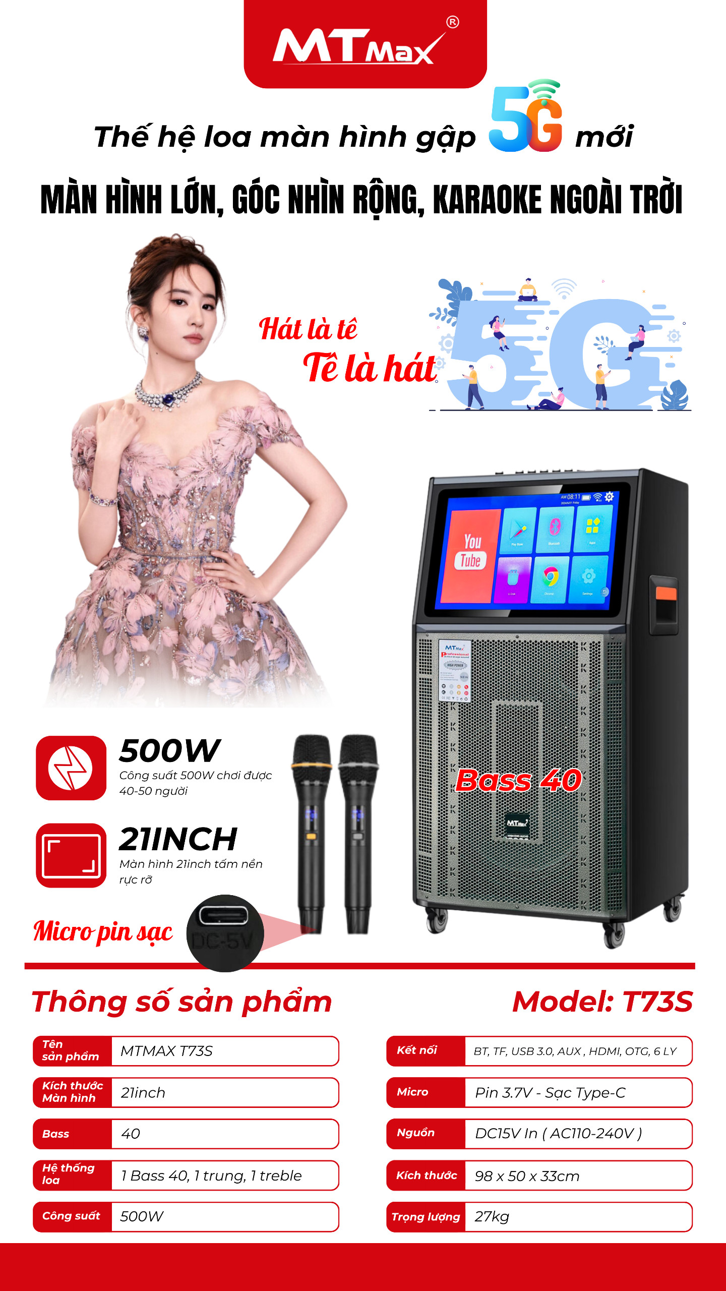 Loa Kéo Karaoke Có Màn Hình MTMAX T73s , Công Suất Thực Lên Đến 500w  Có Màn Hình Cảm Ứng Màn Hình Kích Thước 21 Inch Kèm 2 Micro UHF