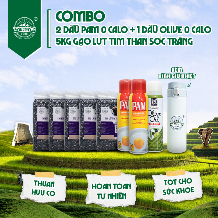 Combo 2 Dầu Pam, 1 Dầu Olive và 5kg Gạo lứt tím than Sóc Trăng kèm Bình giữ nhiệt Tây Nguyên Food - Việt Nam