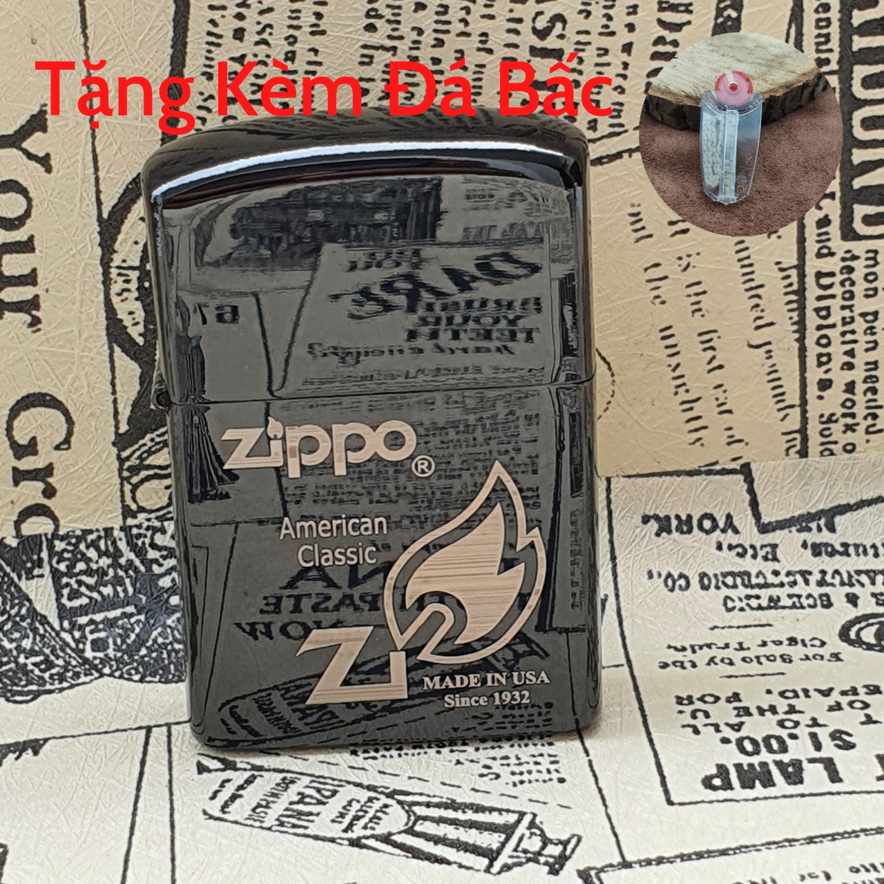 Bật lửa zippo đen bóng american classic - hột quẹt xăng đá zippo sưu tầm độc lạ