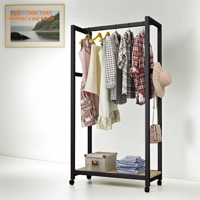 VNH-527 Giá, kệ treo quần áo khung sắt mặt gỗ kết hợp tầng lưu trữ đa năng chắc chắn chống gỉ chịu lực tốt