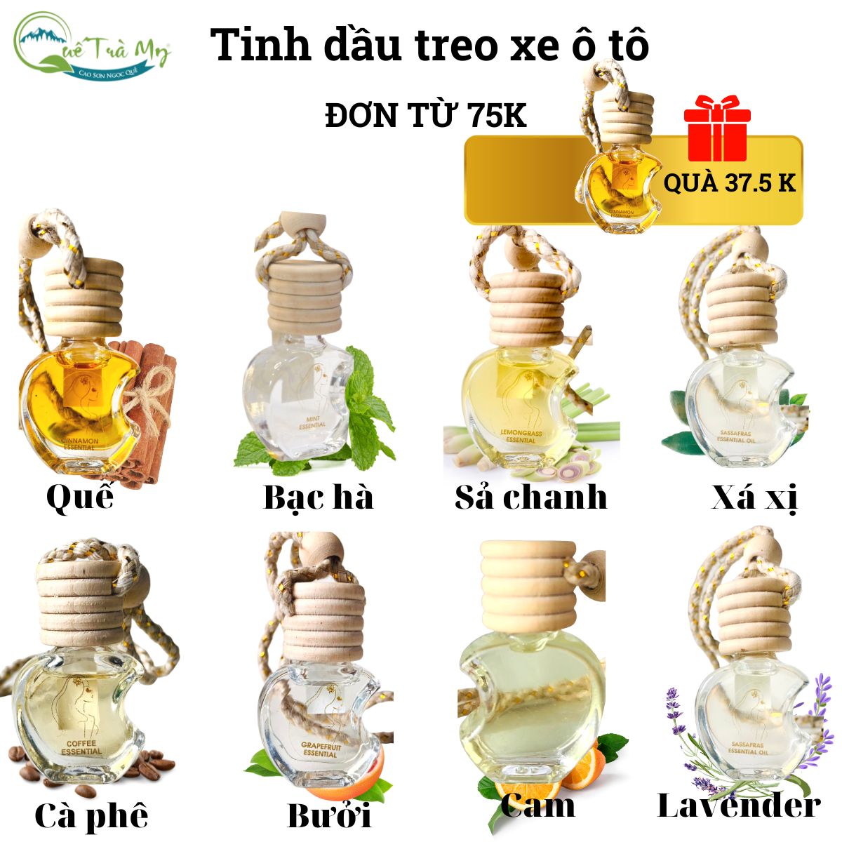 Tinh dầu treo xe ô tô tinh dầu quế, sả chanh, bưởi, bạc hà, xá xị, cafe, cam ngọt , lavender treo xe