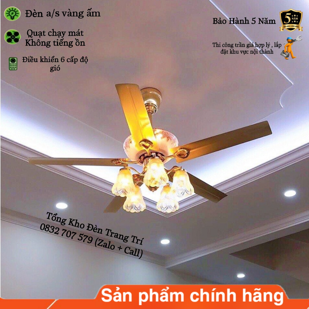 Quạt Trần Đèn Quạt Trần 5 Cánh G81 6 Cấp Độ Gió Đèn A/S Vàng Ấm Điều Khiển Từ Xa