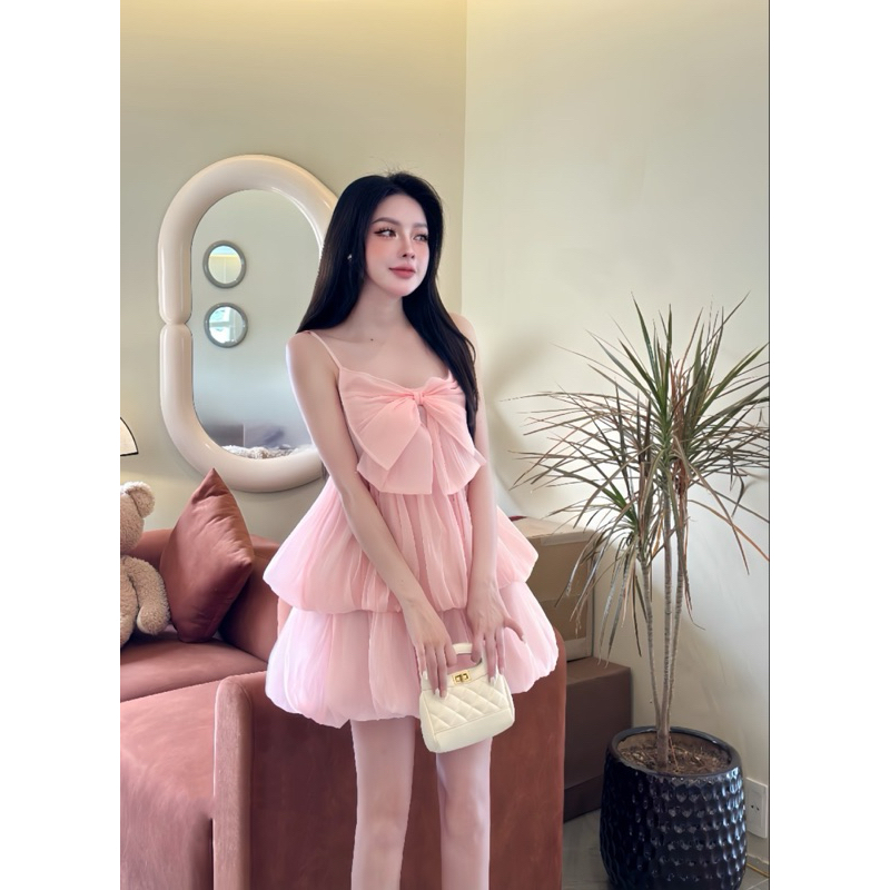 Đầm nữ 2 dây phối nơ ngực bèo tầng 2 lớp chất tơ xốp phong cách tiểu thơ Hb.closet D164