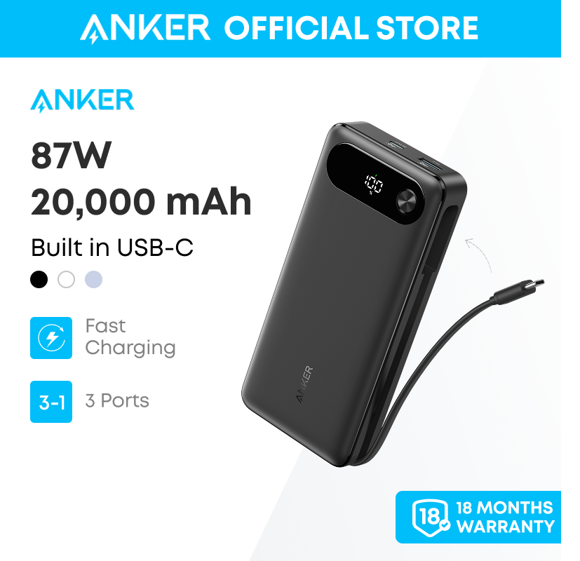  Sạc dự phòng Anker PowerBank 20,000mAh Portable Charger with Built-in USB-C Cable,87W Max Fast Charging USB C Power Bank A1383 