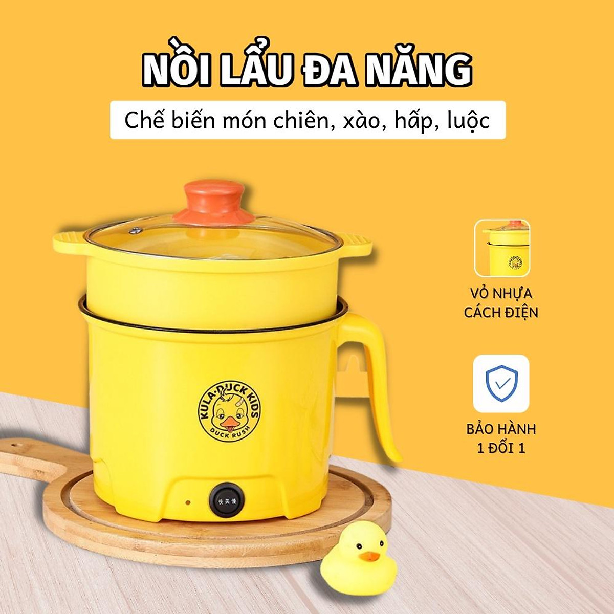 Ca nấu mì, nồi lẩu điện 18cm con vịt vàng đa năng mini kèm xửng hấp, nồi lẩu mini nấu cơm, lẩu, cháo, chiên, xào.