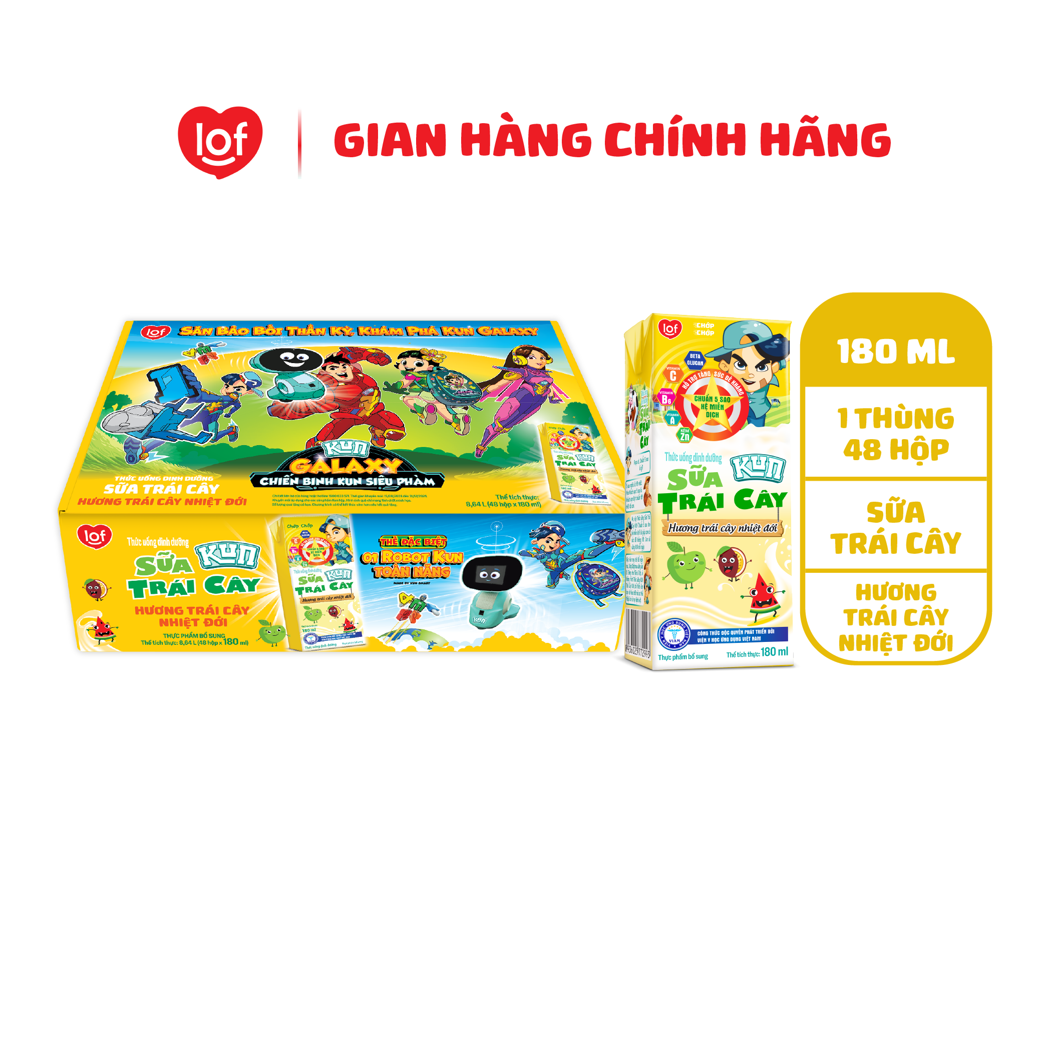 Sữa Kun trái cây hương trái cây nhiệt đới thùng 48 hộp x 180ml