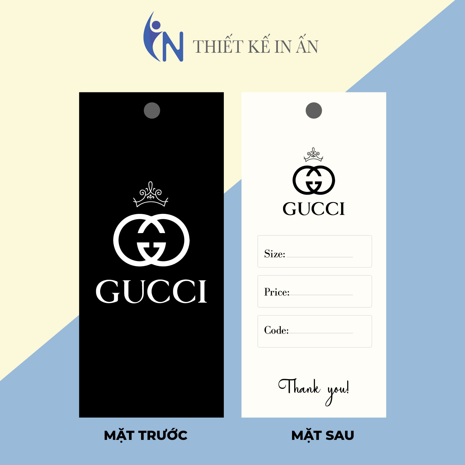 Mác quần áo, Tag nhãn quần áo,  IN GIÁ RẺ cho shop bán hàng quần áo thời trang, bìa cứng, cán màng chất lượng cao - Gói 100 bộ - size 3.6x9cm