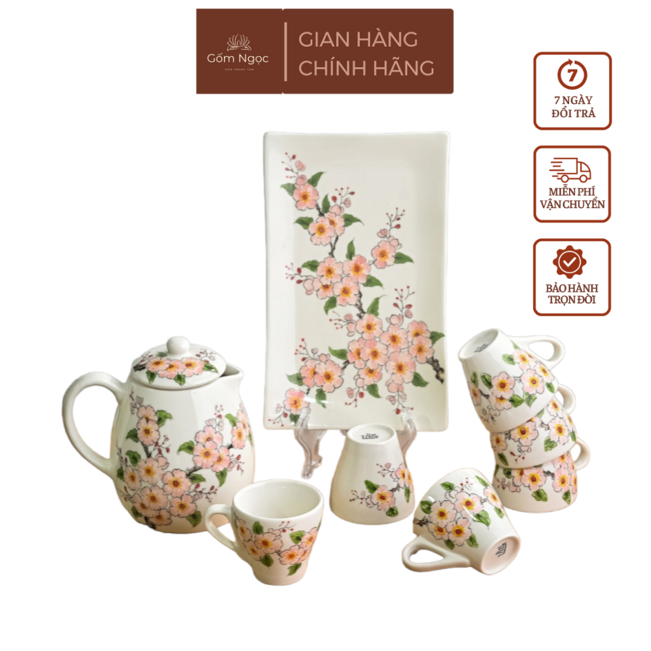Ấm chén pha trà uống chè nhiều họa tiết vẽ tay dung tích 1 lít và 1.2 lít Gốm Ngọc Bát Tràng cao cấp