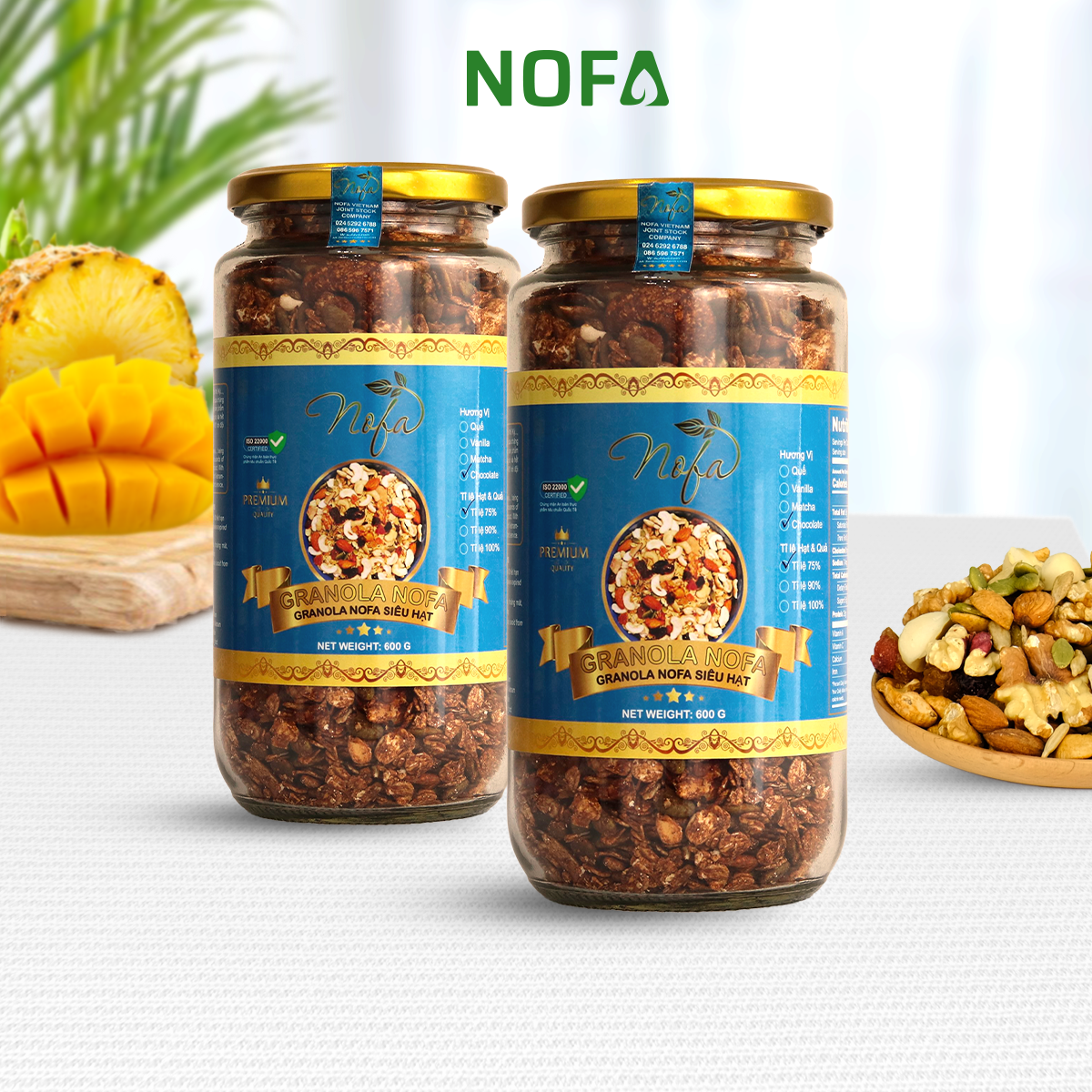 Granola ngũ cốc siêu hạt ít yến mạch Nofa, ngũ cốc 75% siêu hạt và quả ăn sáng, hỗ trợ giảm cân ăn kiêng, giữ dáng mix thêm macca, óc chó đỏ, dâu tây.