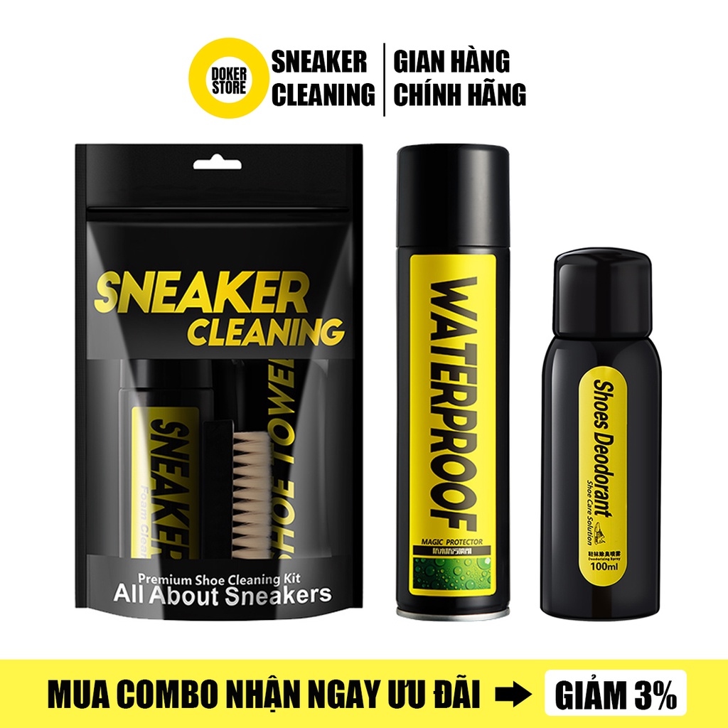 ☸ Combo Bộ kit vệ sinh giày Sneaker Cleaning 150ml xịt chống nước Waterproof 300ml và xịt khử mùi Shoes Deodorant 100ml