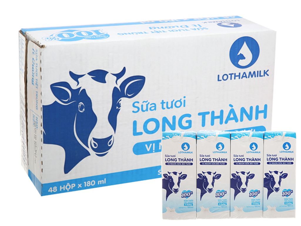 Sữa tươi Ít Đường Long Thành thùng 48 hộp 180ml