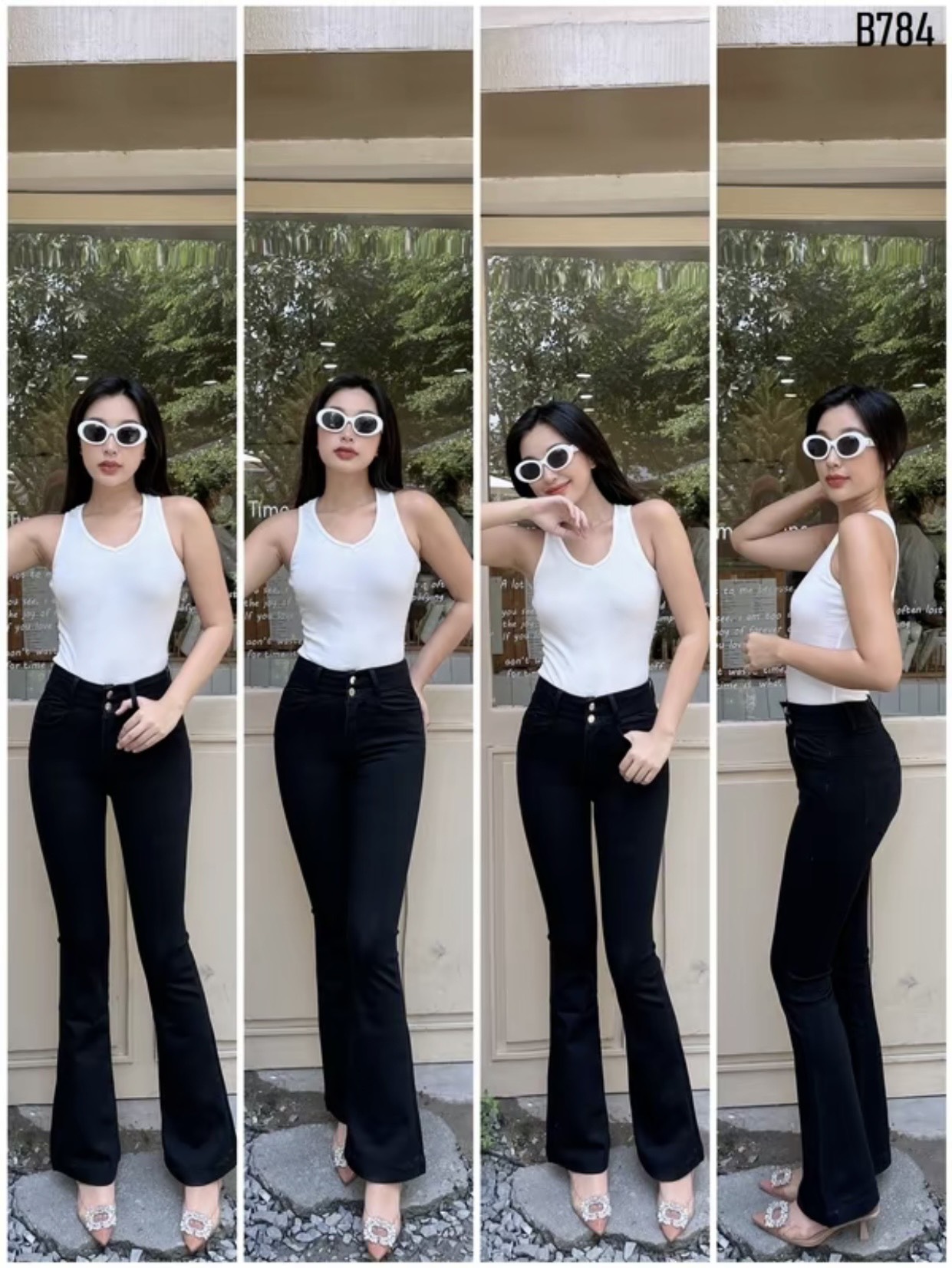 Quần Jeans Nữ Ống Loe Dài Màu Đen Lưng Cao Siêu Co Giãn Tôn Dáng Nâng Mông