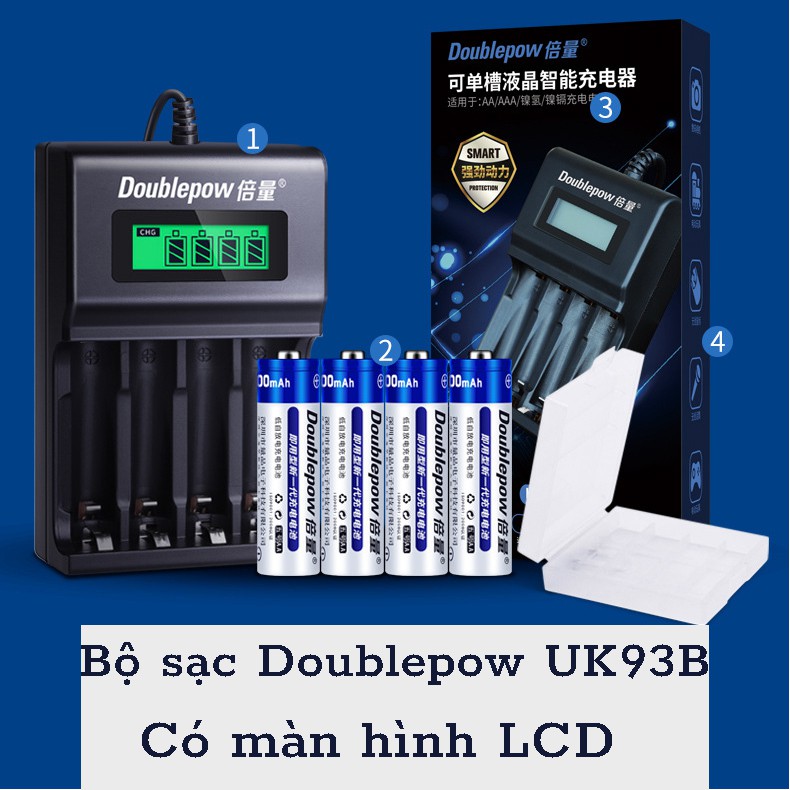 Bộ sạc pin Doublepow có màn hình hiển thị dùng để sạc 4 viên pin AA/AAA cổng USB
